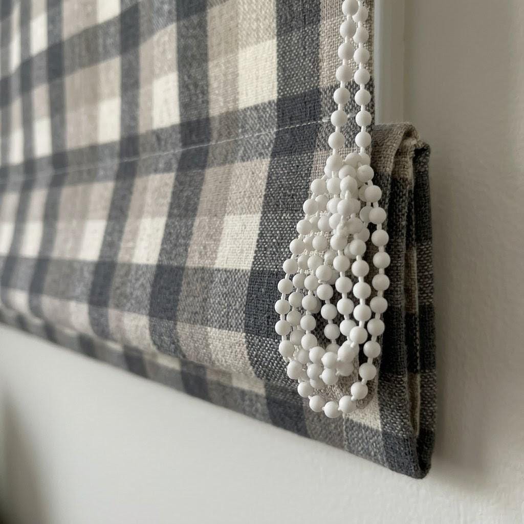 Custom Plaid Linen Roman Shades, Charcoal Beige Farmhouse Window Treatments — image 8