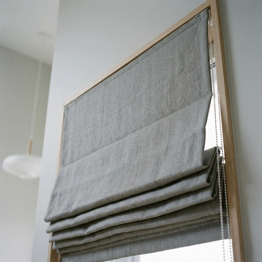 Light Grey Herringbone Linen Roman Shade, Custom Corded Window Blind (Light Filtering or Blackout) — image 1