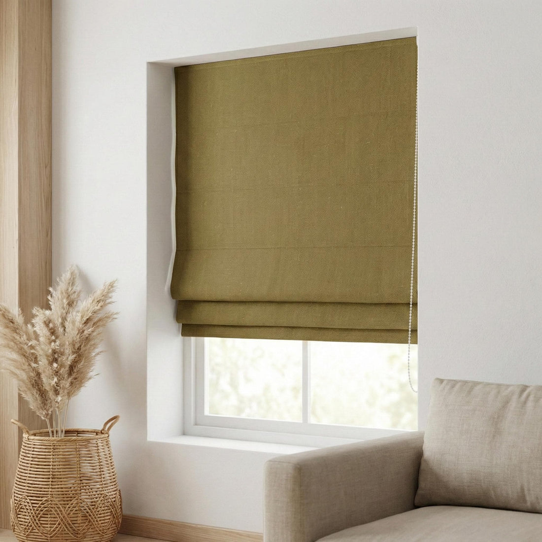 Olive Mustard Herringbone Linen Roman Shade, Custom Corded Window Blind (Light Filtering or Blackout) — image 1