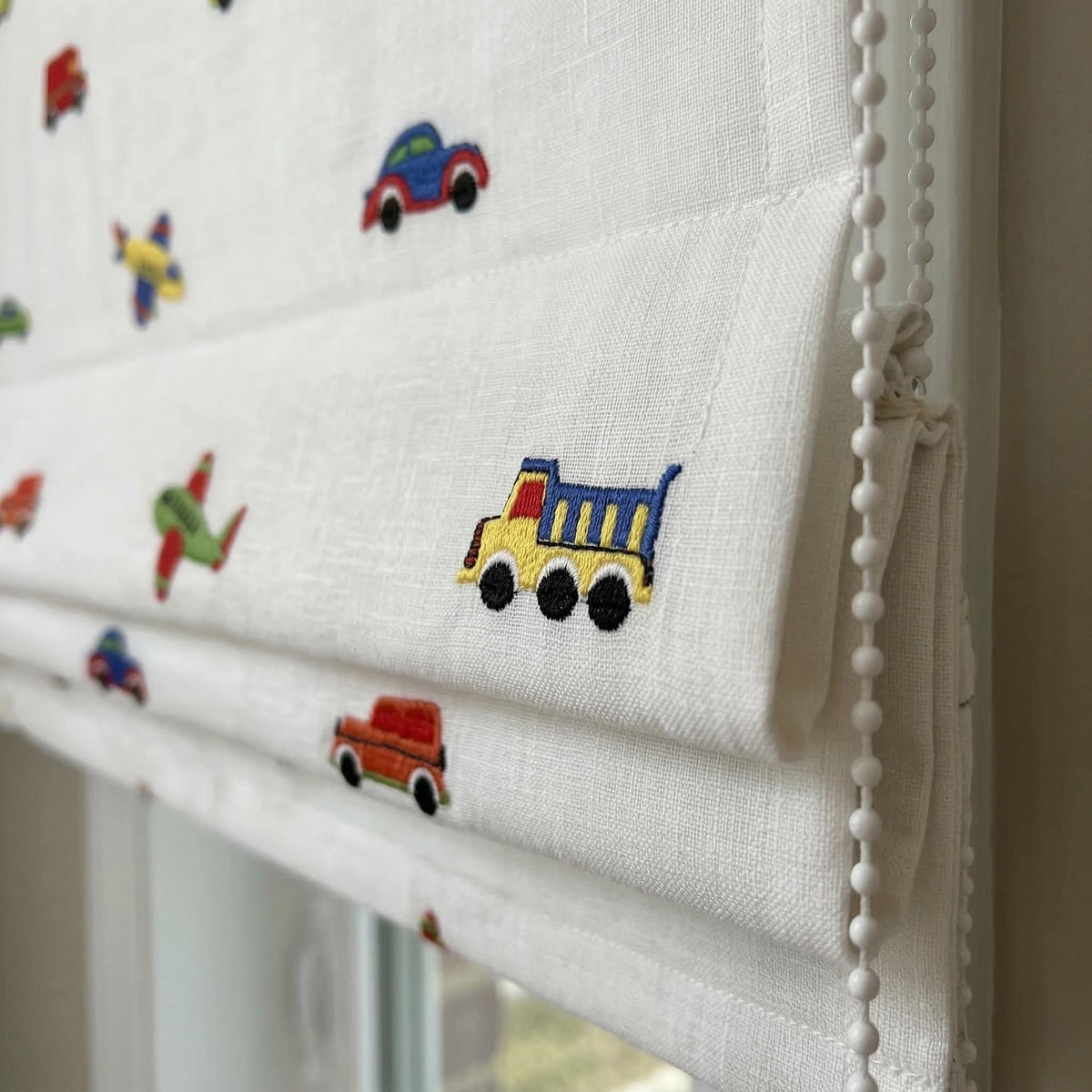 Organic Linen Roman Shade: Embroidered Cars, Planes & Vehicles on White Pure Linen Base — image 4