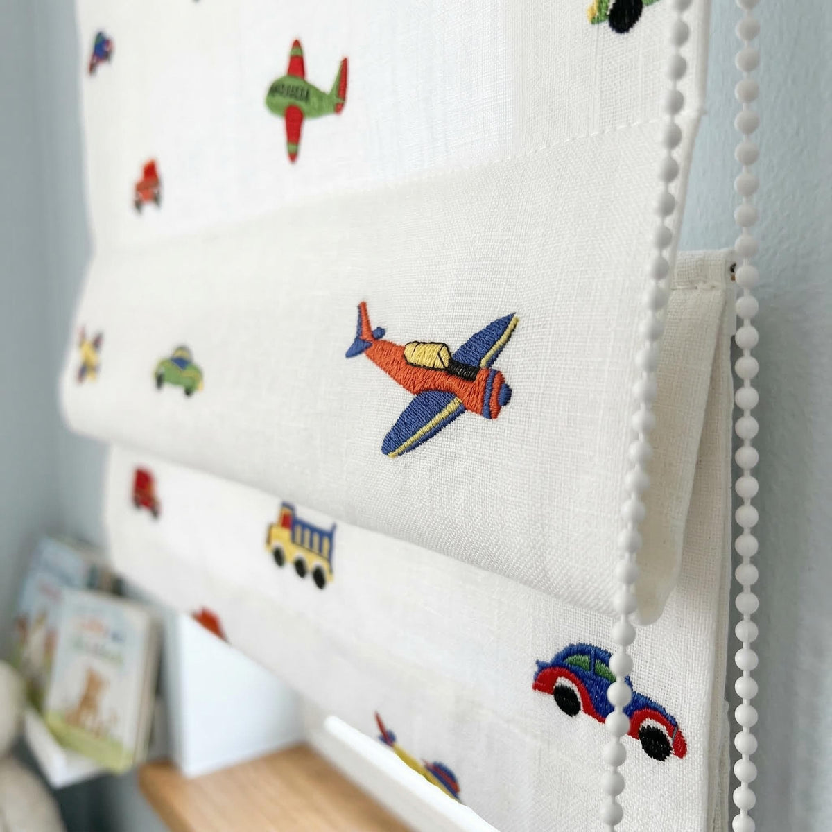 Organic Linen Roman Shade: Embroidered Cars, Planes & Vehicles on White Pure Linen Base — image 2