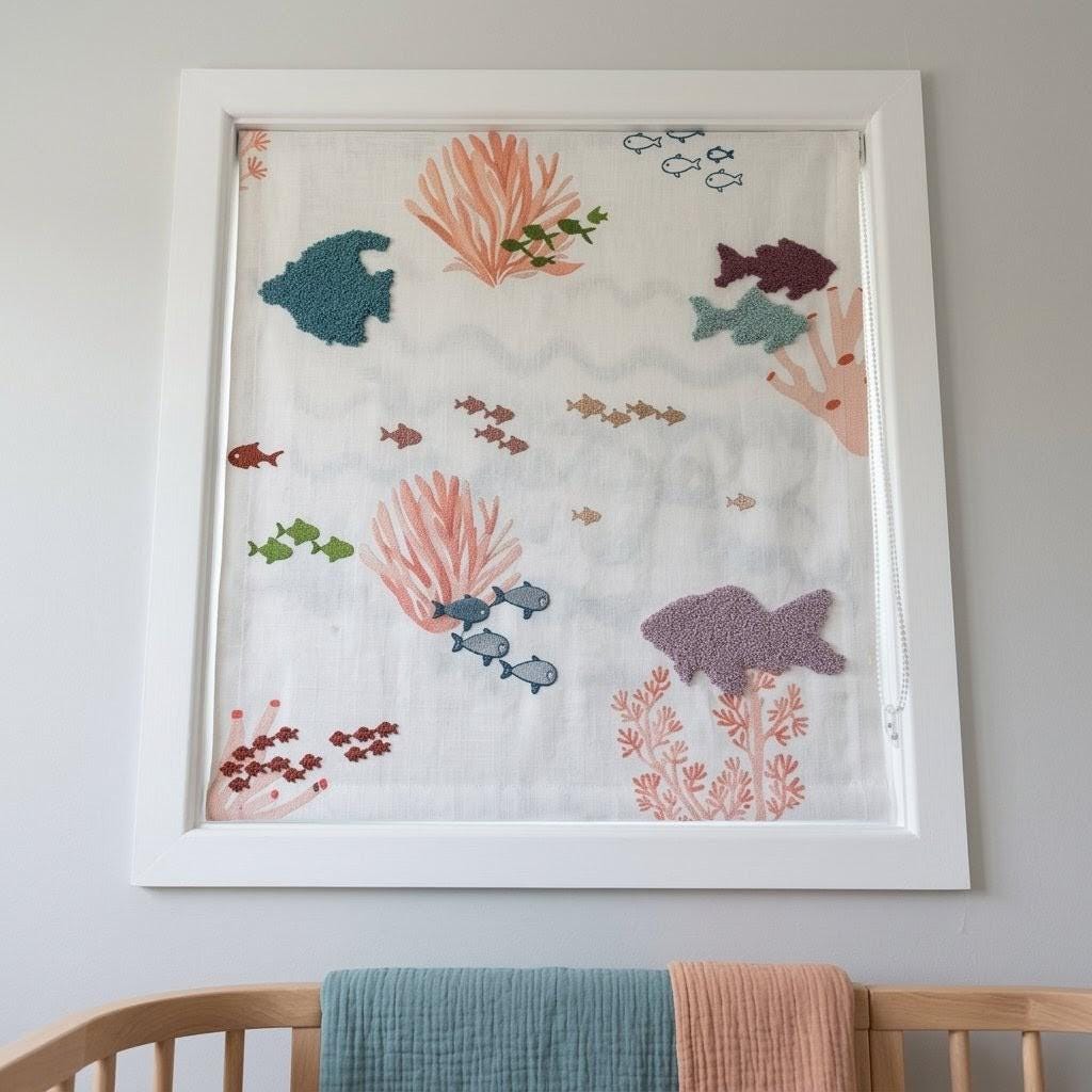 Embroidered Sea Life Roman Blinds, Ocean Nursery Linen Window Shade — image 5