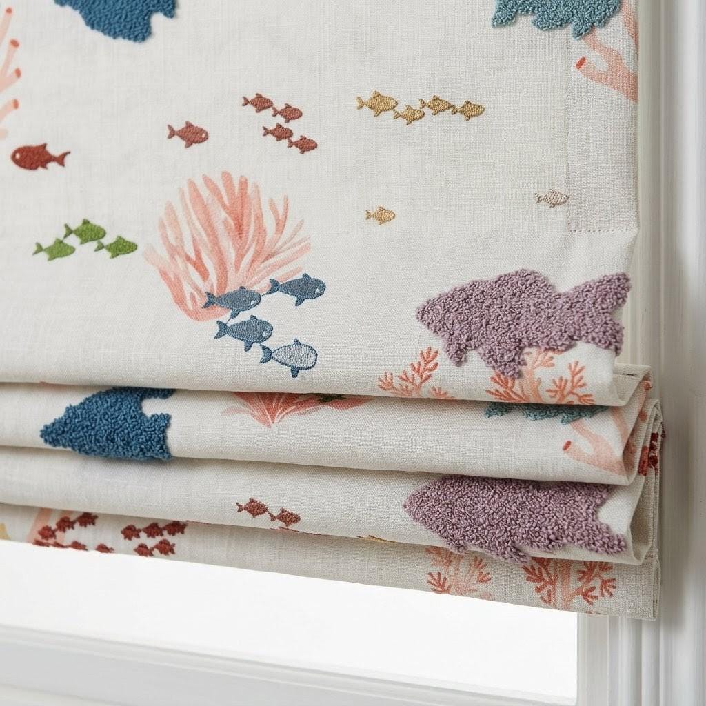 Embroidered Sea Life Roman Blinds, Ocean Nursery Linen Window Shade — image 2