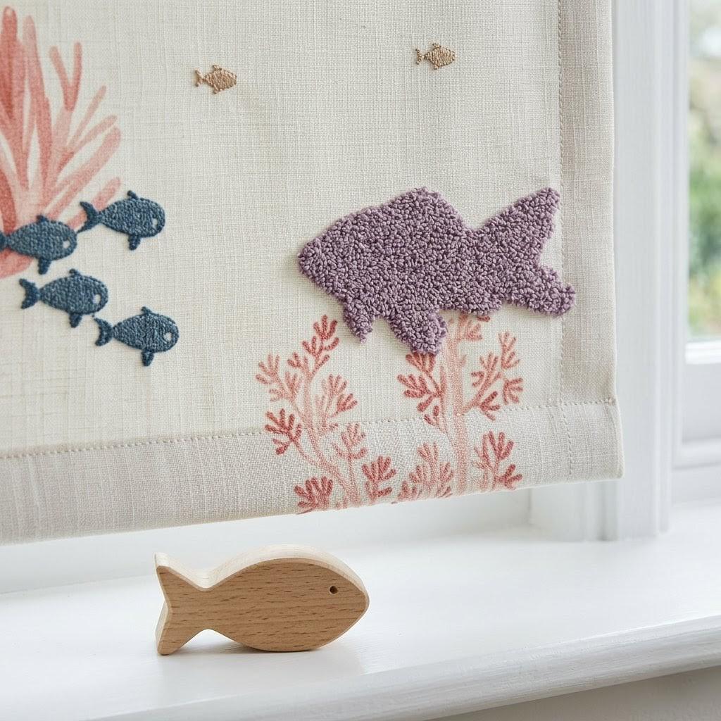 Embroidered Sea Life Roman Blinds, Ocean Nursery Linen Window Shade — image 7