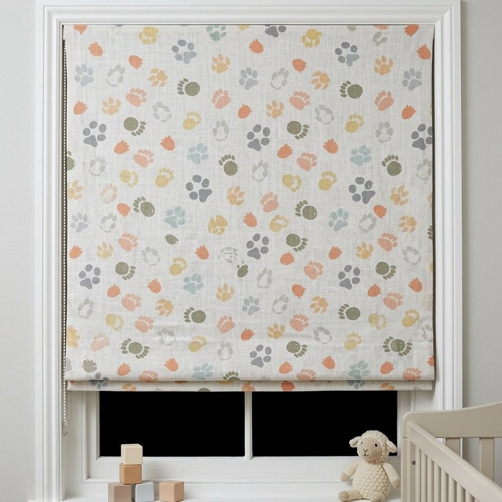Paw Print Nursery Roman Blinds, Colorful Animal Tracks Linen Window Shade (Blackout Option) — image 6