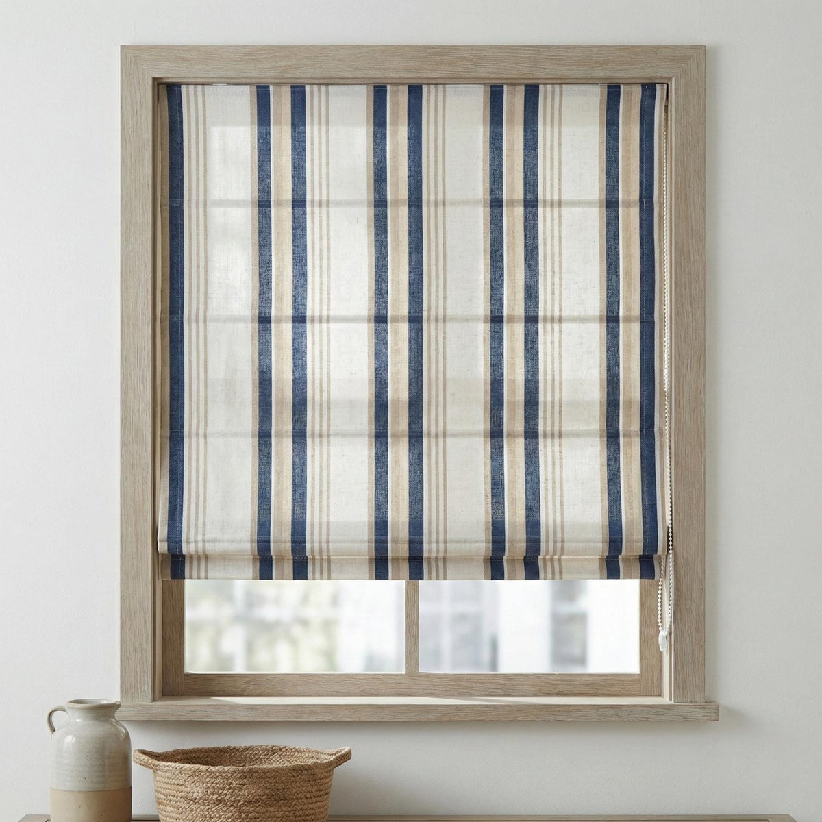Blue Ticking Stripe Linen Roman Shade, Navy Beige Farmhouse Window Blind (Light Filtering/Blackout) — image 10