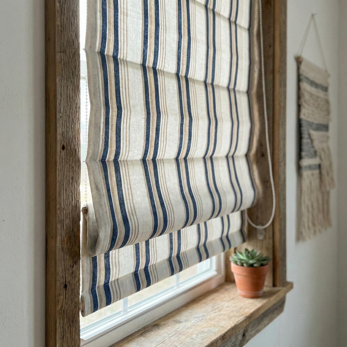 Blue Ticking Stripe Linen Roman Shade, Navy Beige Farmhouse Window Blind (Light Filtering/Blackout) — image 9