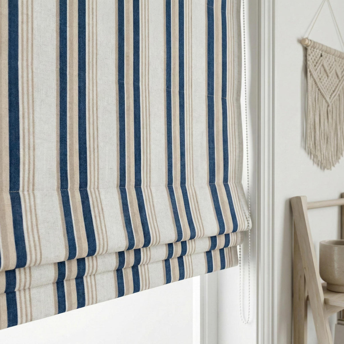 Blue Ticking Stripe Linen Roman Shade, Navy Beige Farmhouse Window Blind (Light Filtering/Blackout) — image 1