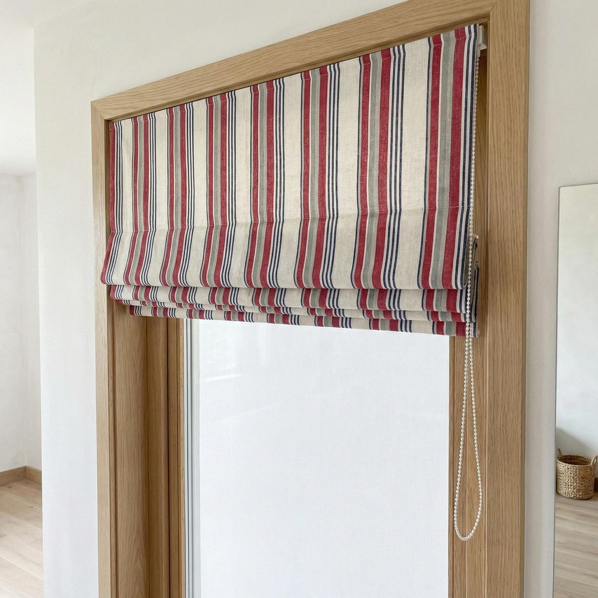 Farmhouse Ticking Stripe Linen Roman Shade, Red Navy Grey, Custom (Light Filtering or Blackout) — image 2