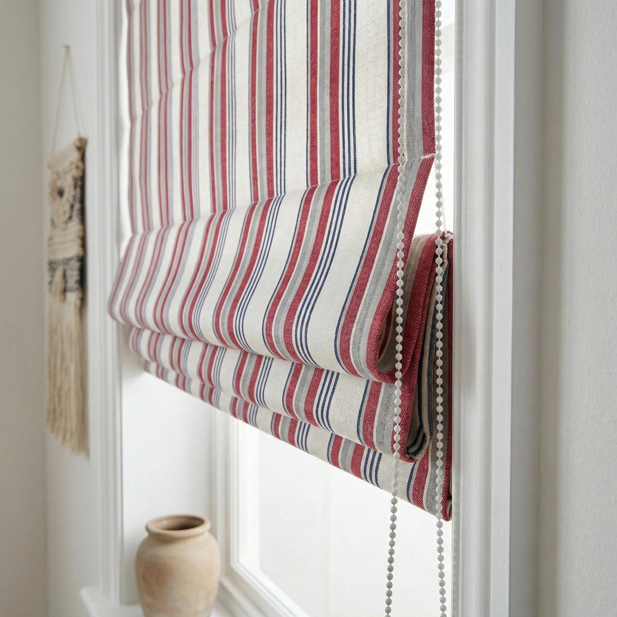 Farmhouse Ticking Stripe Linen Roman Shade, Red Navy Grey, Custom (Light Filtering or Blackout) — image 6