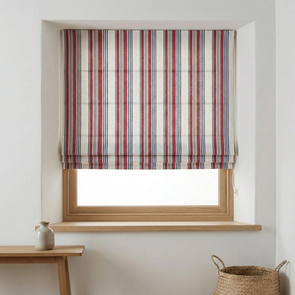Farmhouse Ticking Stripe Linen Roman Shade, Red Navy Grey, Custom (Light Filtering or Blackout) — image 9