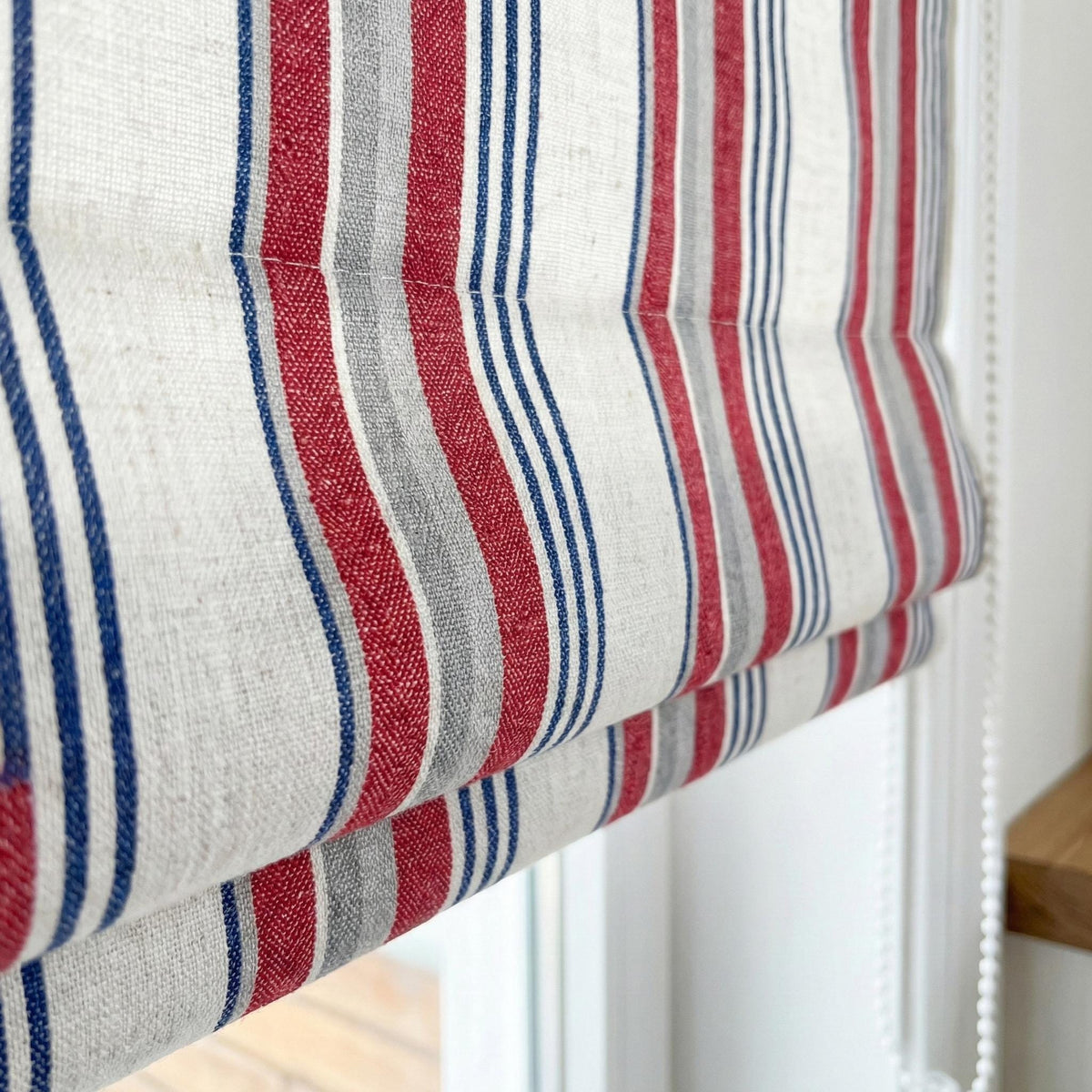 Farmhouse Ticking Stripe Linen Roman Shade, Red Navy Grey, Custom (Light Filtering or Blackout) — image 4