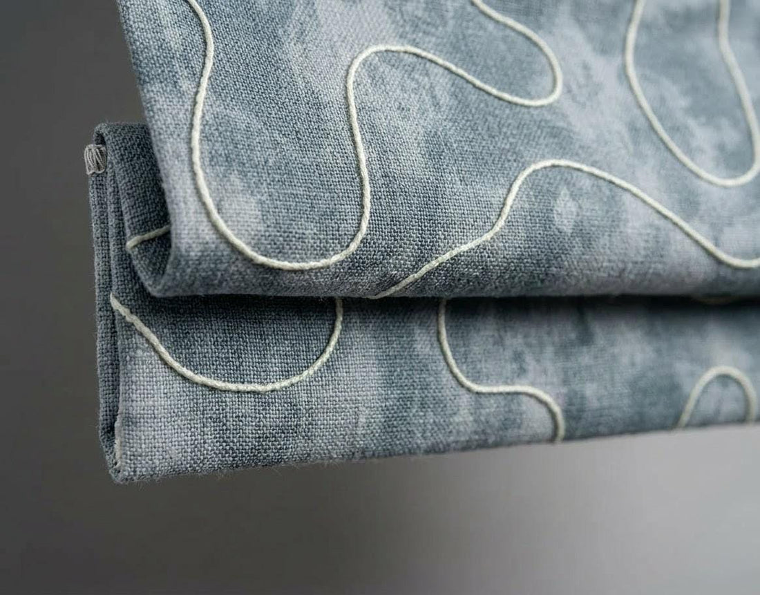 Dusty Blue Abstract Embroidered Roman Blinds, Custom Linen Window Shade — image 1