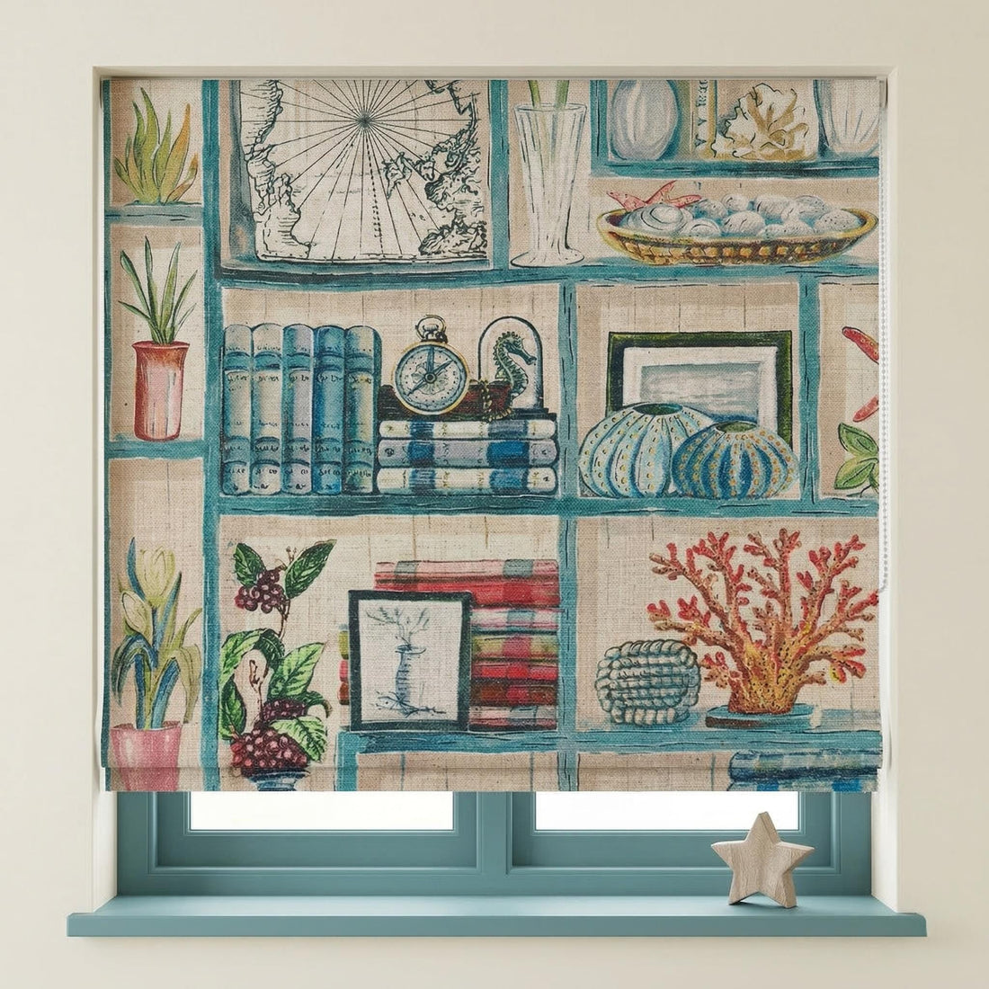 Nautical Bookshelf Roman Blinds, Coastal Nursery Linen Window Shade (Custom Blackout) — image 1