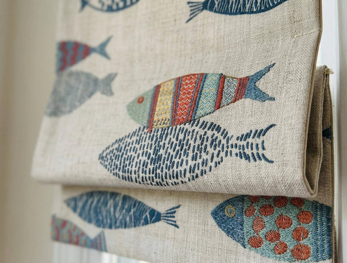 Embroidered Fish Linen Roman Blinds, Nautical Nursery Window Shade, Coastal Kids Room Decor — image 3