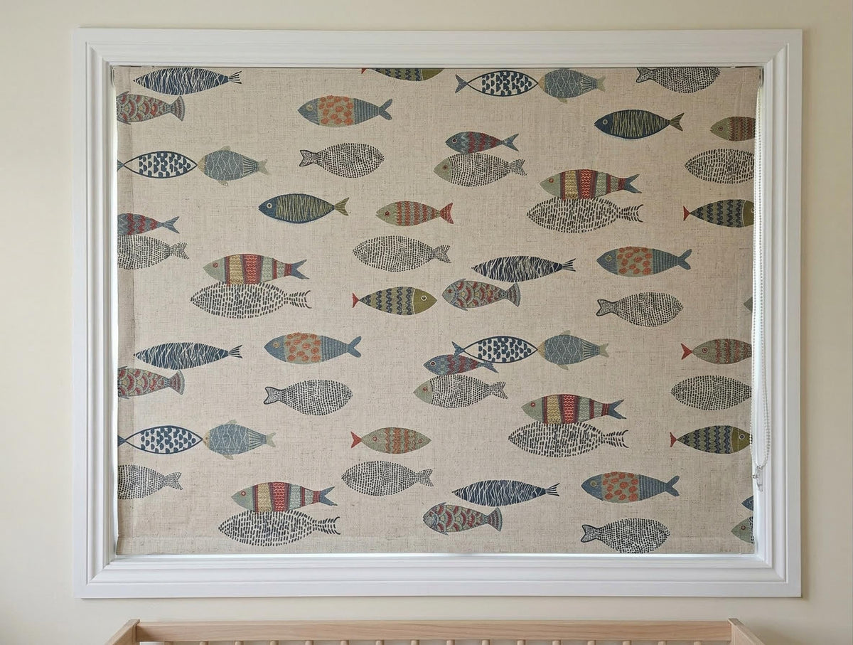 Embroidered Fish Linen Roman Blinds, Nautical Nursery Window Shade, Coastal Kids Room Decor — image 8