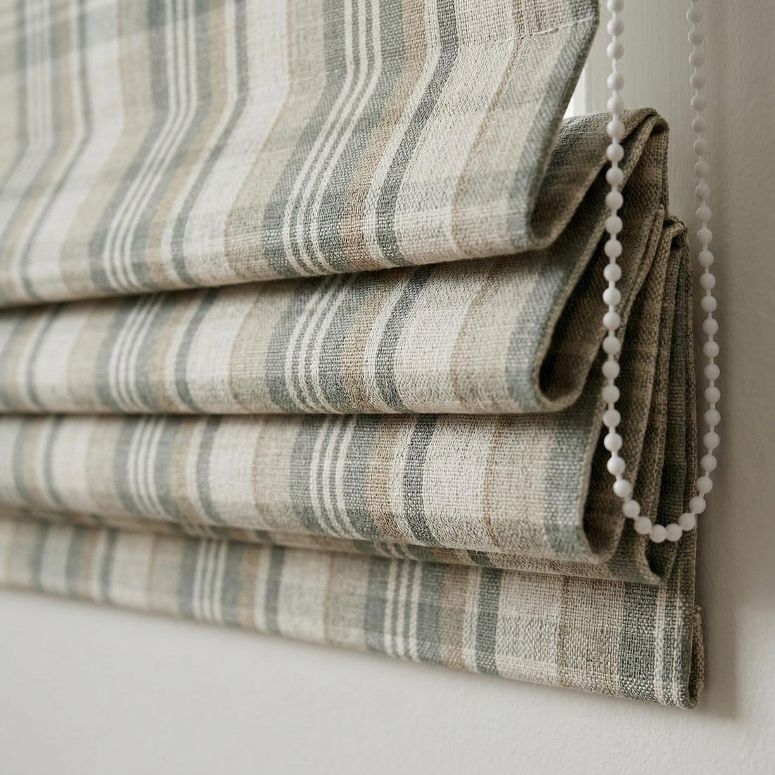 Custom Striped Linen Roman Shades: Beige Sage Green Farmhouse Window Blinds (Light Filtering/Blackout) — image 1