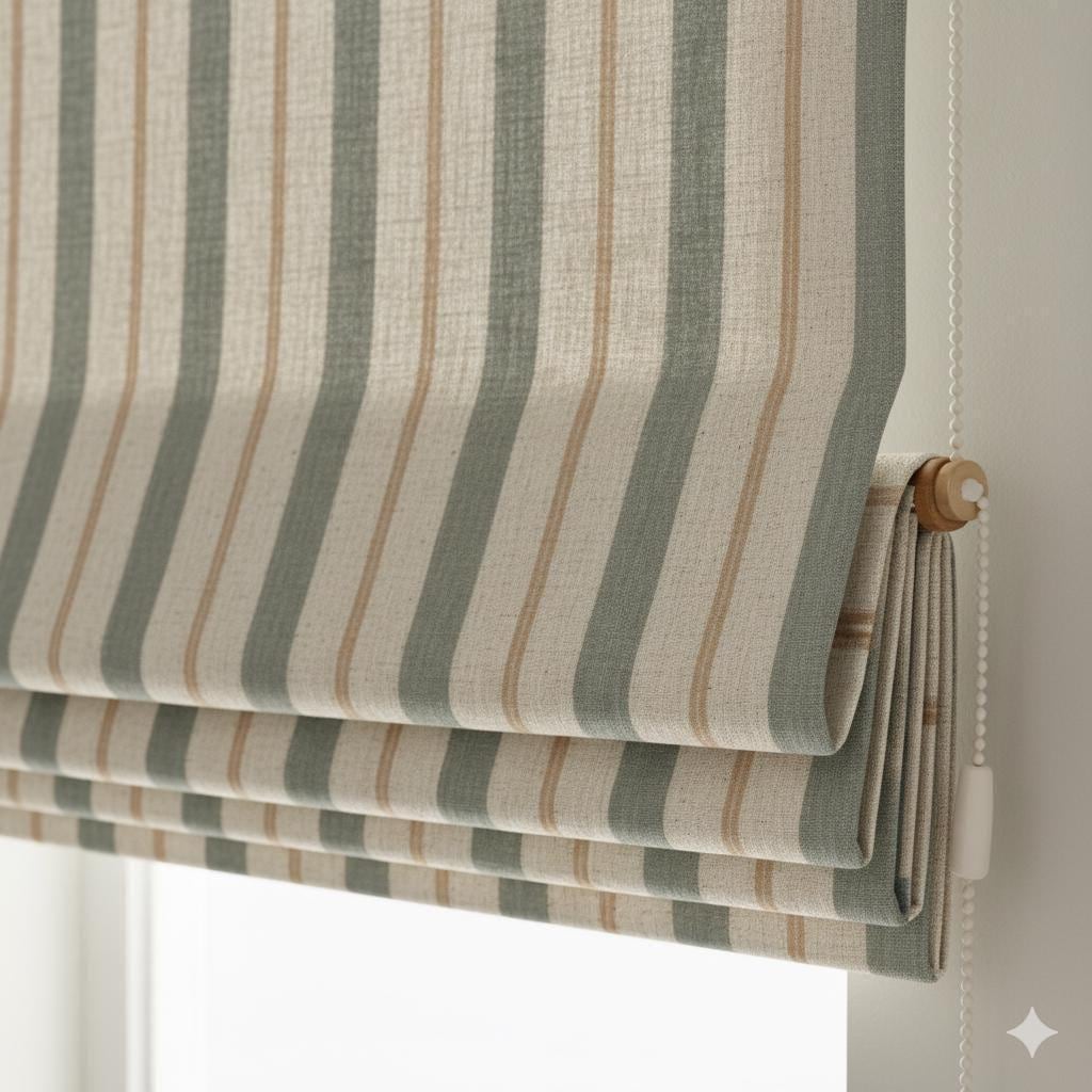 Roman Shade: Linen Farmhouse Stripe - Custom Size, Corded Lift — image 1