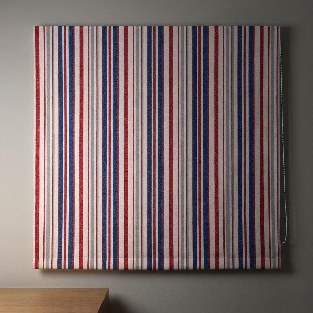 Red Blue Stripe Linen Roman Shade, Ticking Farmhouse Blind, Custom Made (Light Filtering or Blackout) — image 8