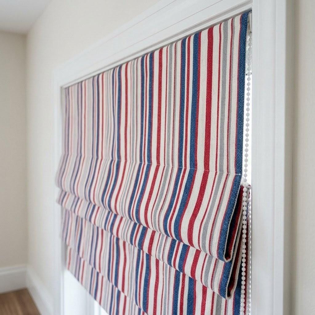 Red Blue Stripe Linen Roman Shade, Ticking Farmhouse Blind, Custom Made (Light Filtering or Blackout) — image 3