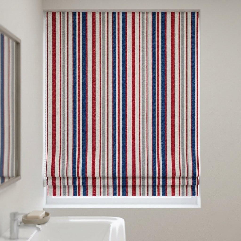 Red Blue Stripe Linen Roman Shade, Ticking Farmhouse Blind, Custom Made (Light Filtering or Blackout) — image 7