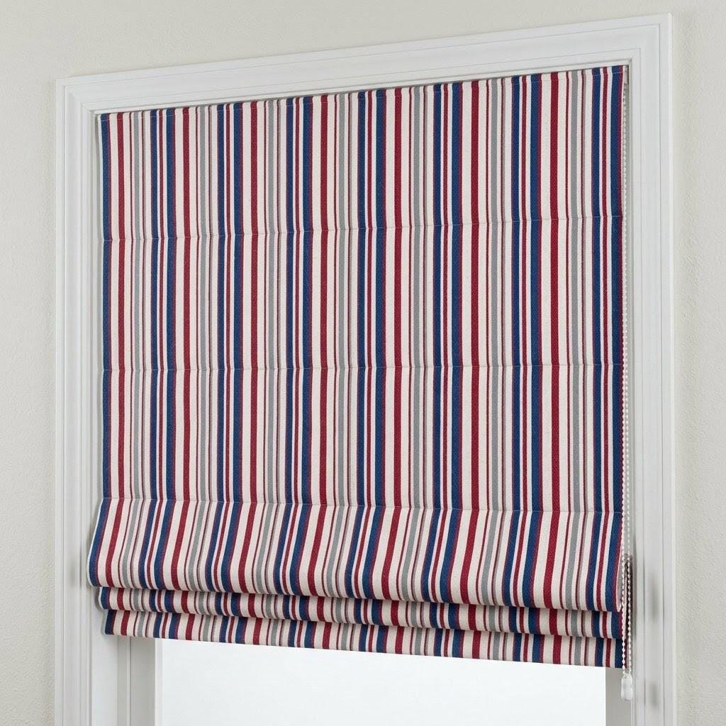 Red Blue Stripe Linen Roman Shade, Ticking Farmhouse Blind, Custom Made (Light Filtering or Blackout) — image 1