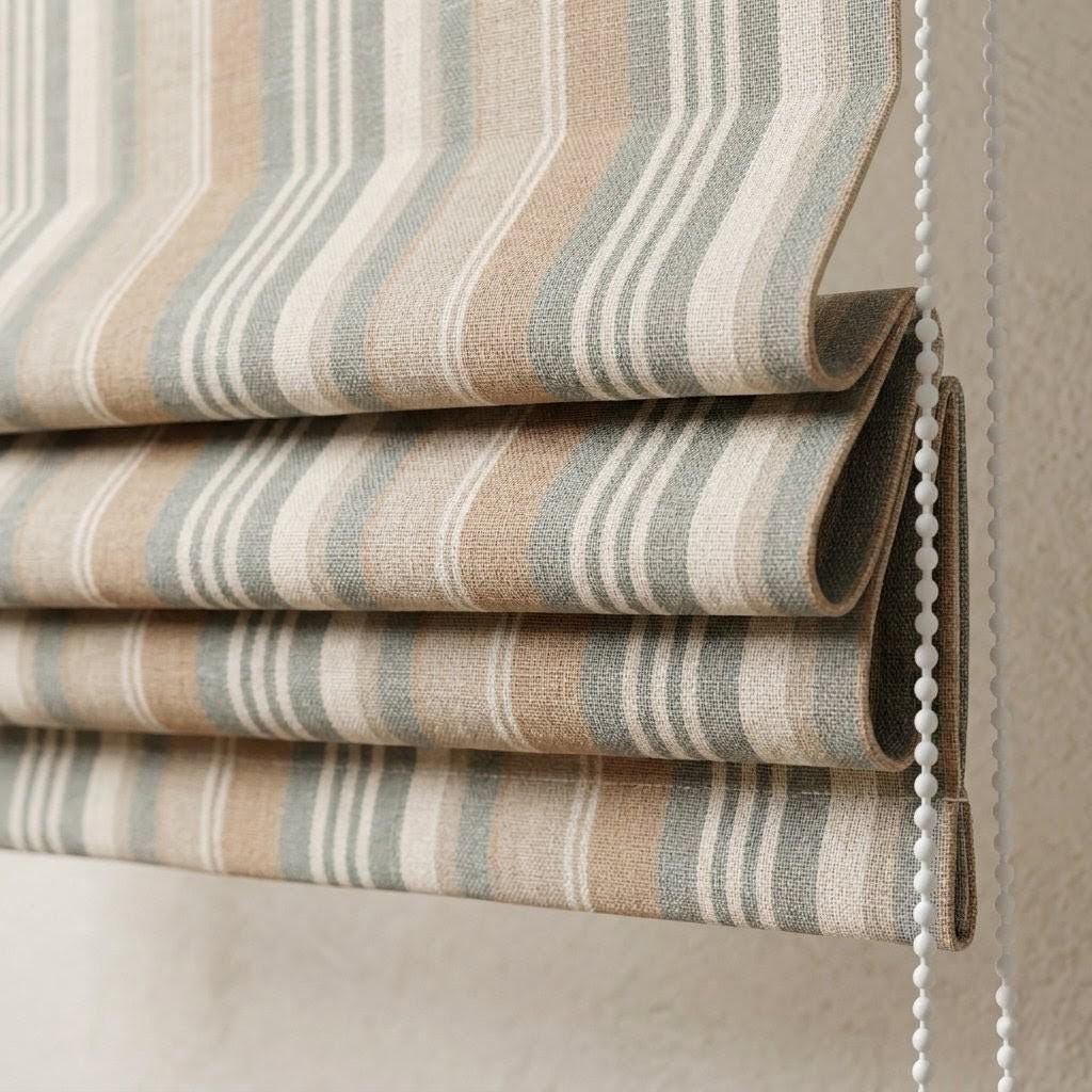 Custom Striped Linen Roman Shades: Sage Green Farmhouse Window Blinds (Light Filtering/Blackout) — image 1
