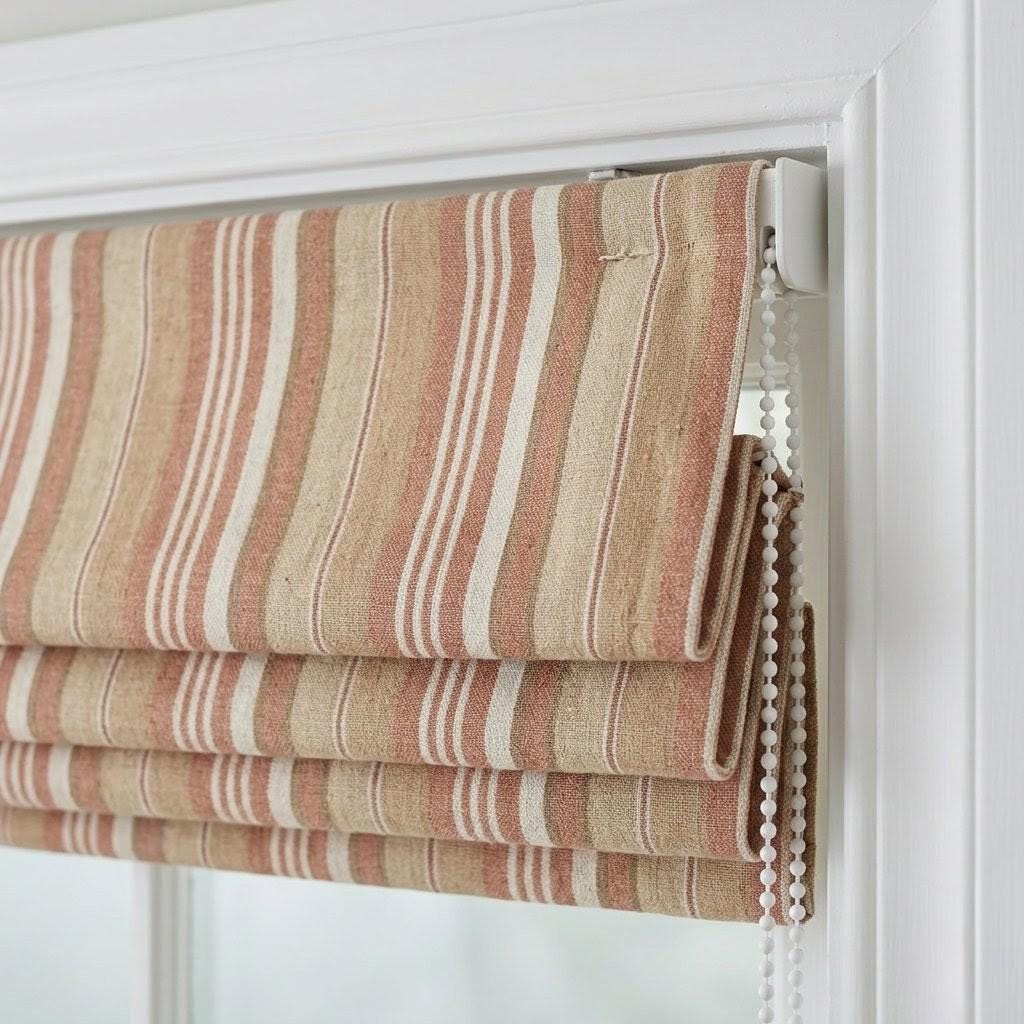 Custom Linen Roman Blinds: Rust Beige Farmhouse Stripe Window Treatments (Blackout/Light Filtering) — image 2