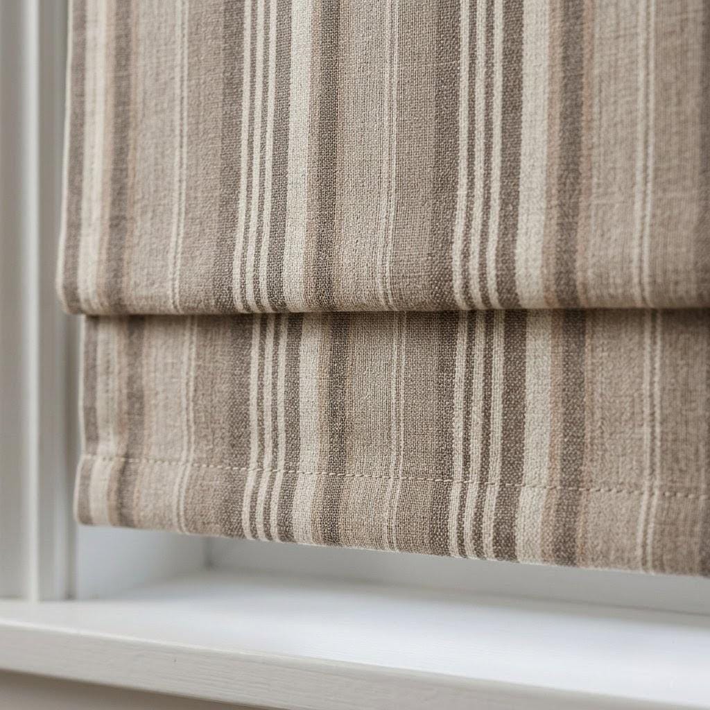 Custom Linen Roman Blinds: Taupe Beige Farmhouse Stripe, Blackout or Light Filtering Window Treatments — image 1