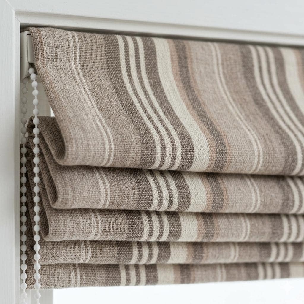 Custom Linen Roman Blinds: Taupe Beige Farmhouse Stripe, Blackout or Light Filtering Window Treatments — image 1
