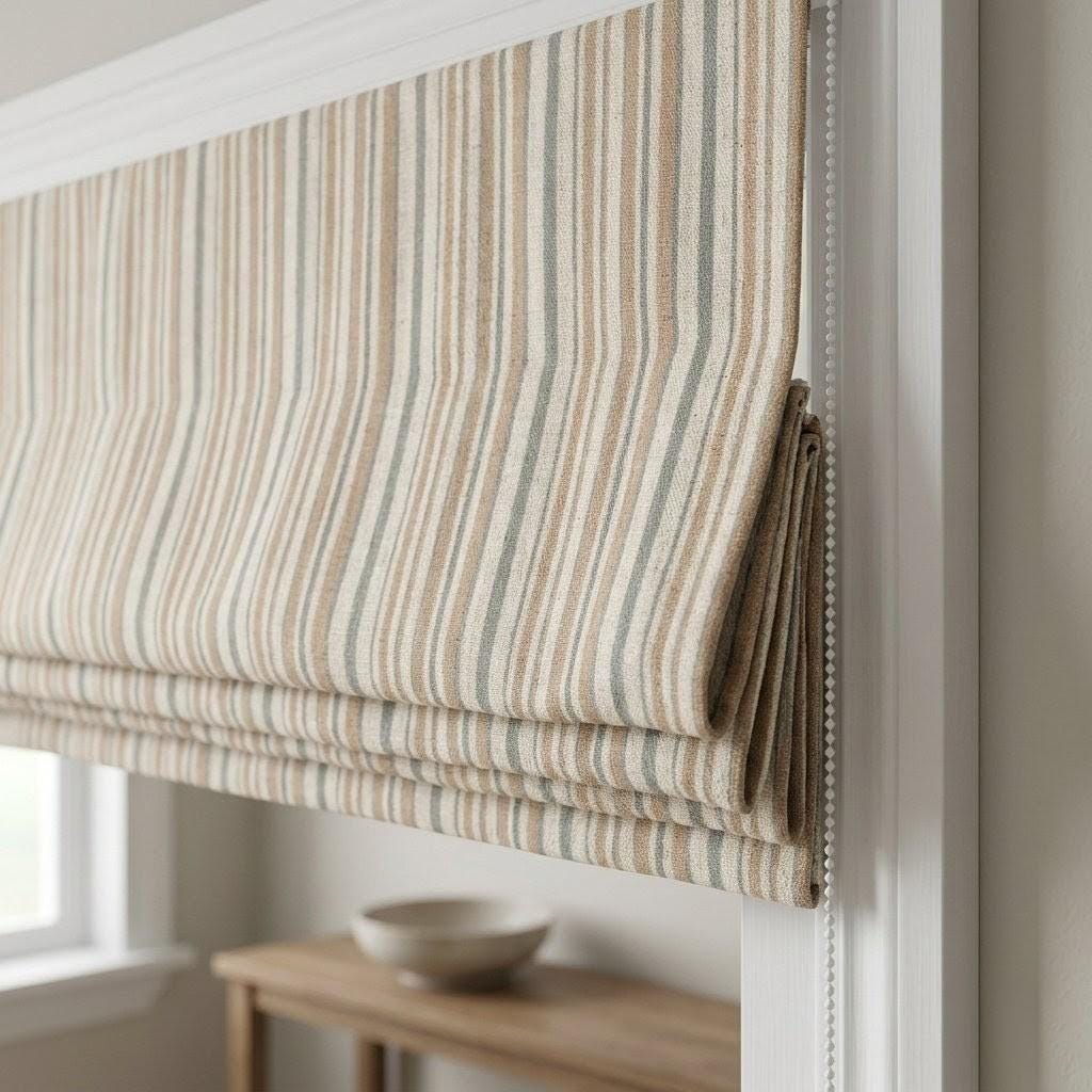 Roman Shade: Organic Linen with Eco-Printed Farmhouse Stripe - Custom Size — image 1