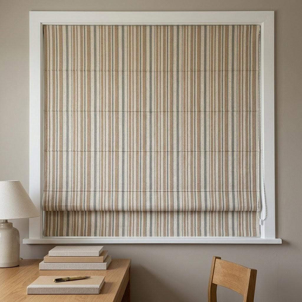 Roman Shade: Organic Linen with Eco-Printed Farmhouse Stripe - Custom Size — image 5