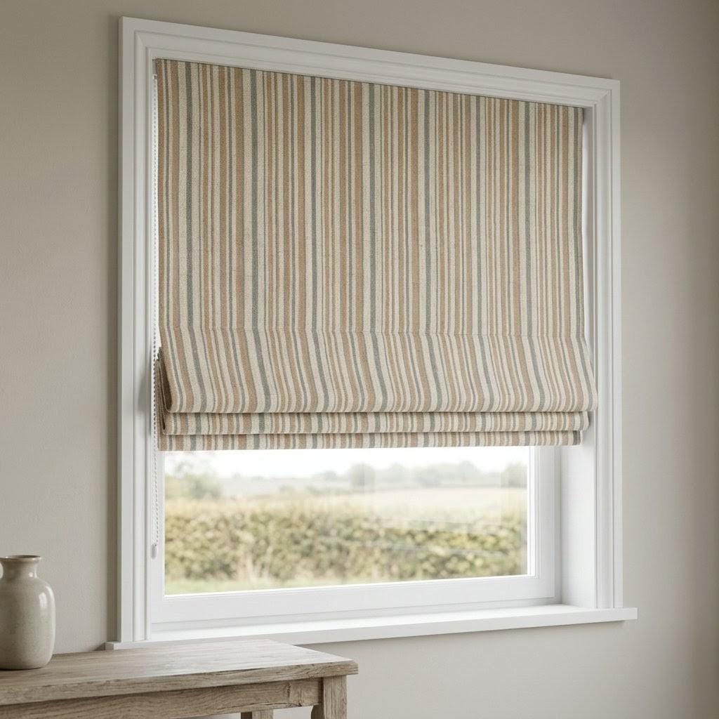 Roman Shade: Organic Linen with Eco-Printed Farmhouse Stripe - Custom Size — image 9