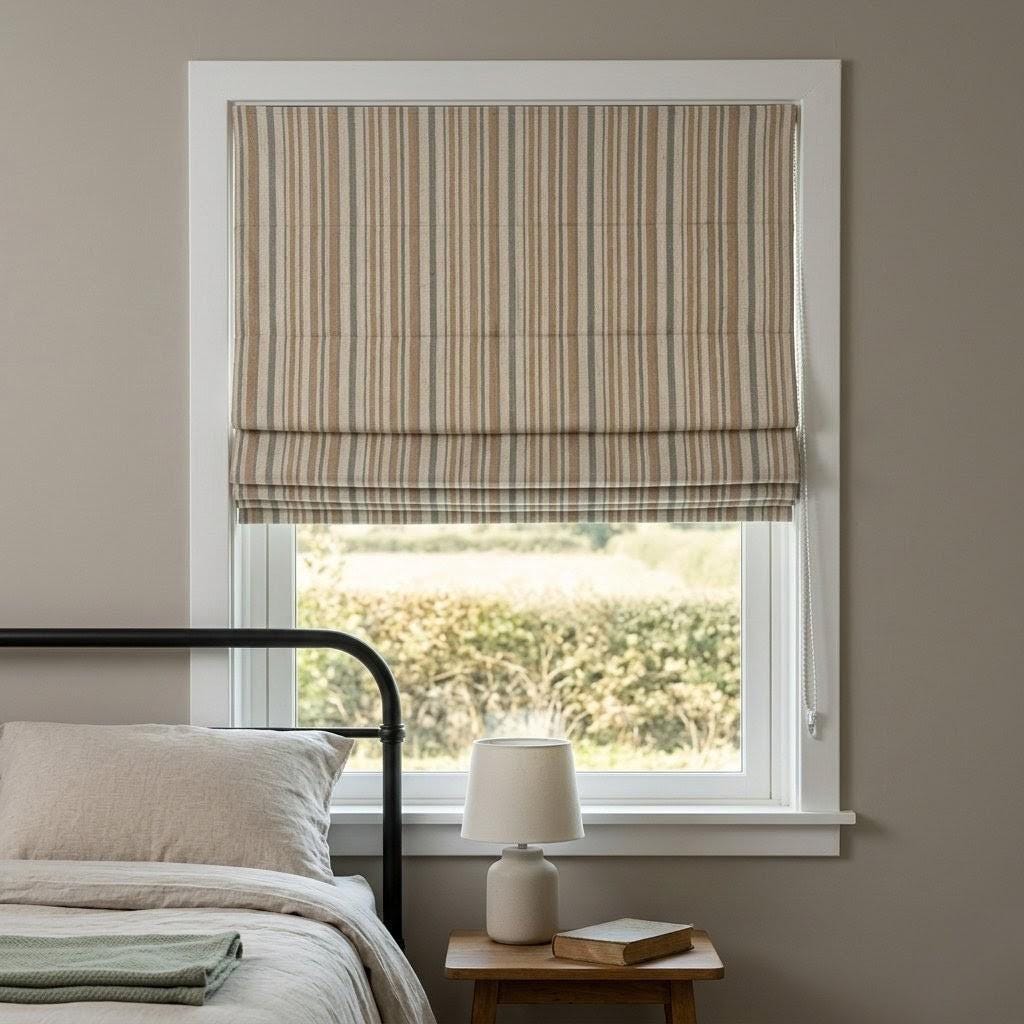 Roman Shade: Organic Linen with Eco-Printed Farmhouse Stripe - Custom Size — image 3