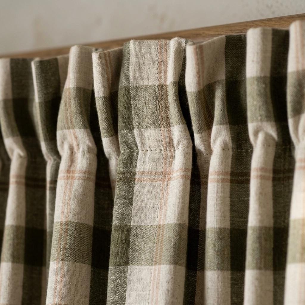 Farmhouse Linen Curtains, Olive Green Check, Peach Tan Accents (Custom Sizes) — image 8