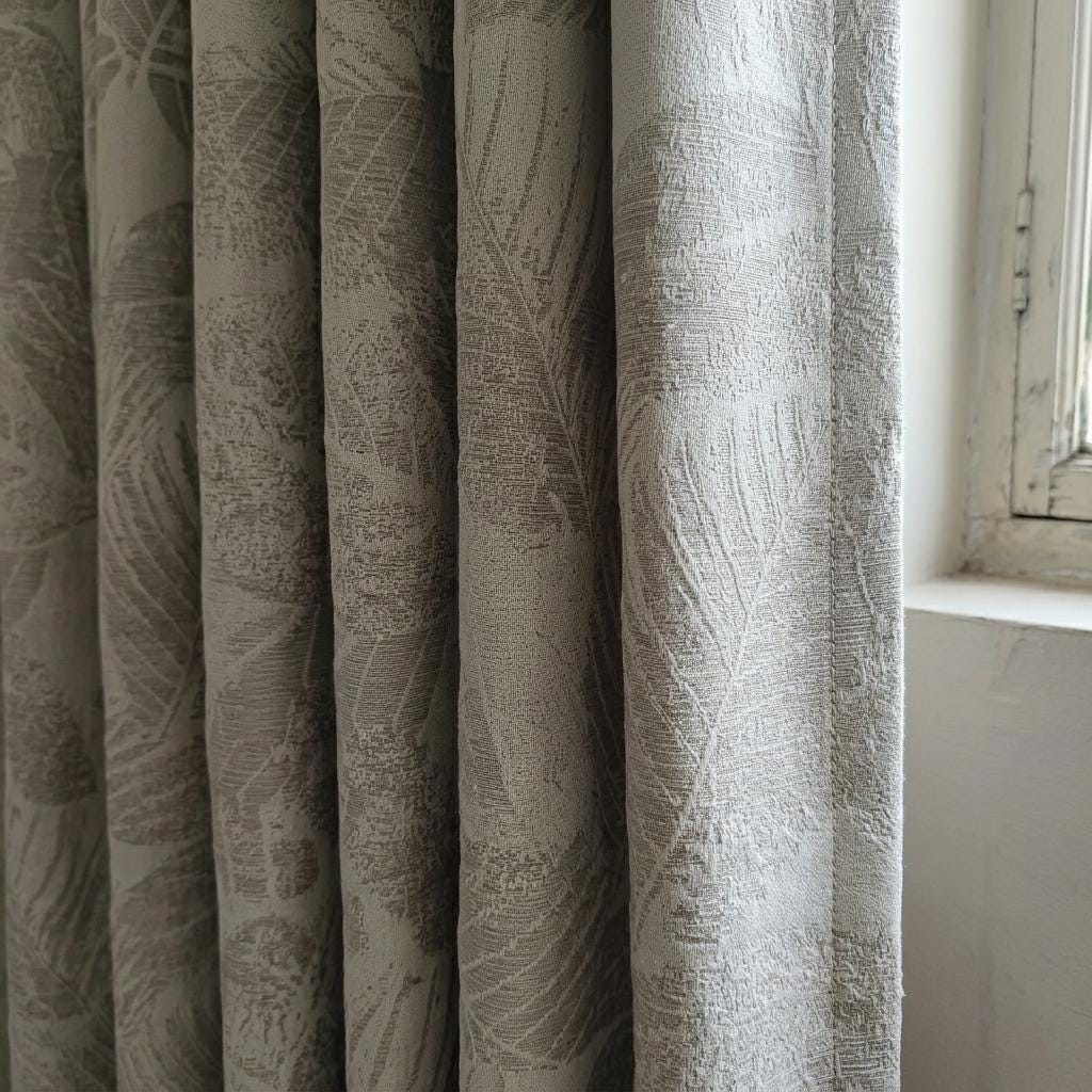 Oatmeal Linen Jacquard Leaf Curtains: Botanical Woven Botanical Window Panels — image 1