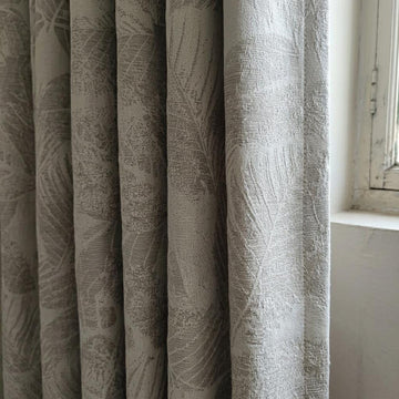 Oatmeal Linen Jacquard Leaf Curtains: Botanical Woven Botanical Window Panels — image 1