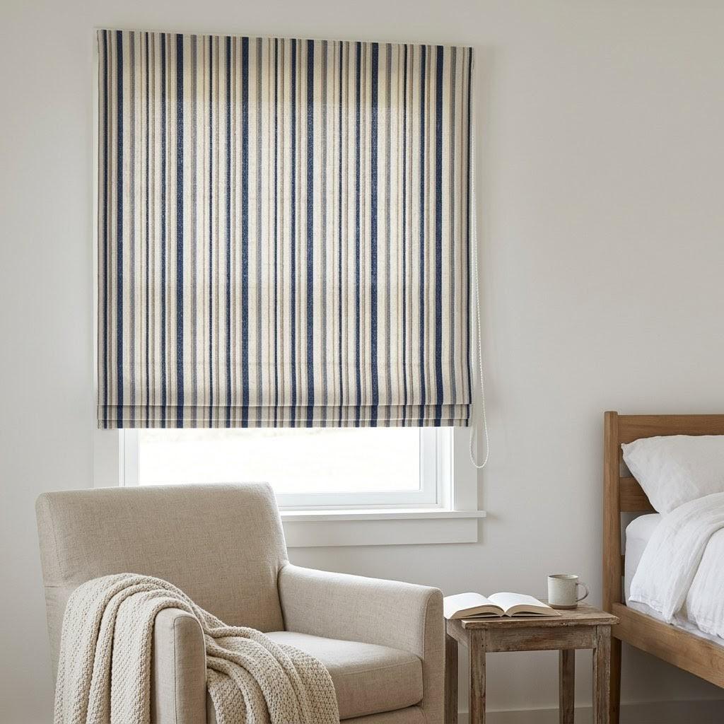 Custom Striped Linen Roman Shades, Navy Blue Beige Farmhouse Window Treatments — image 2