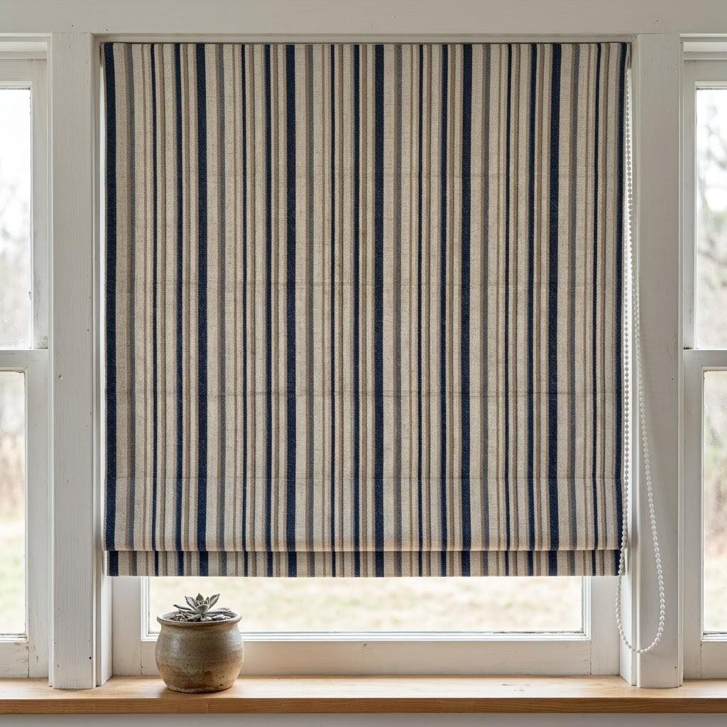 Custom Striped Linen Roman Shades, Navy Blue Beige Farmhouse Window Treatments — image 5