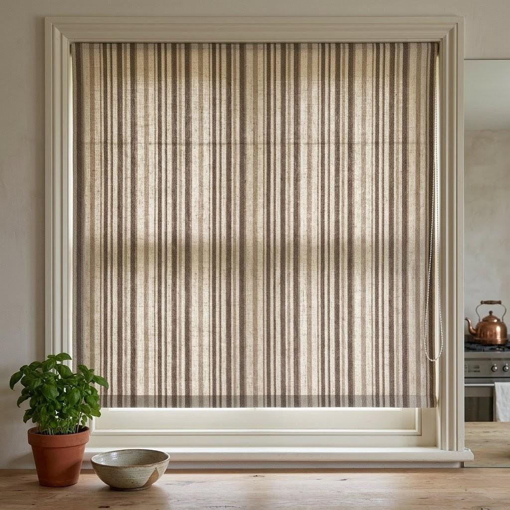 Custom Striped Linen Roman Shades, Taupe Beige Farmhouse Window Treatments (OEKO TEX) — image 7