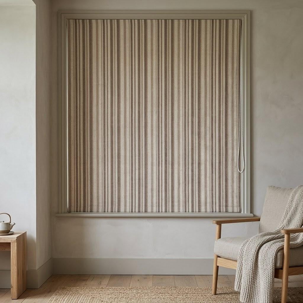 Custom Striped Linen Roman Shades, Taupe Beige Farmhouse Window Treatments (OEKO TEX) — image 4