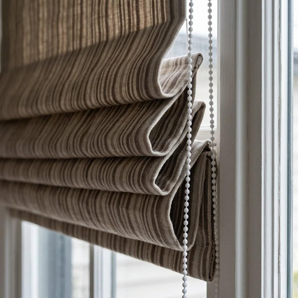 Custom Striped Linen Roman Shades, Taupe Beige Farmhouse Window Treatments (OEKO TEX) — image 5
