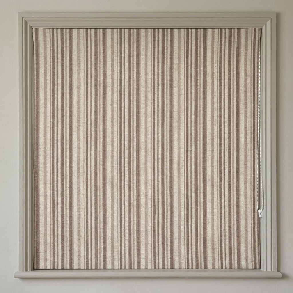 Custom Striped Linen Roman Shades, Taupe Beige Farmhouse Window Treatments (OEKO TEX) — image 1