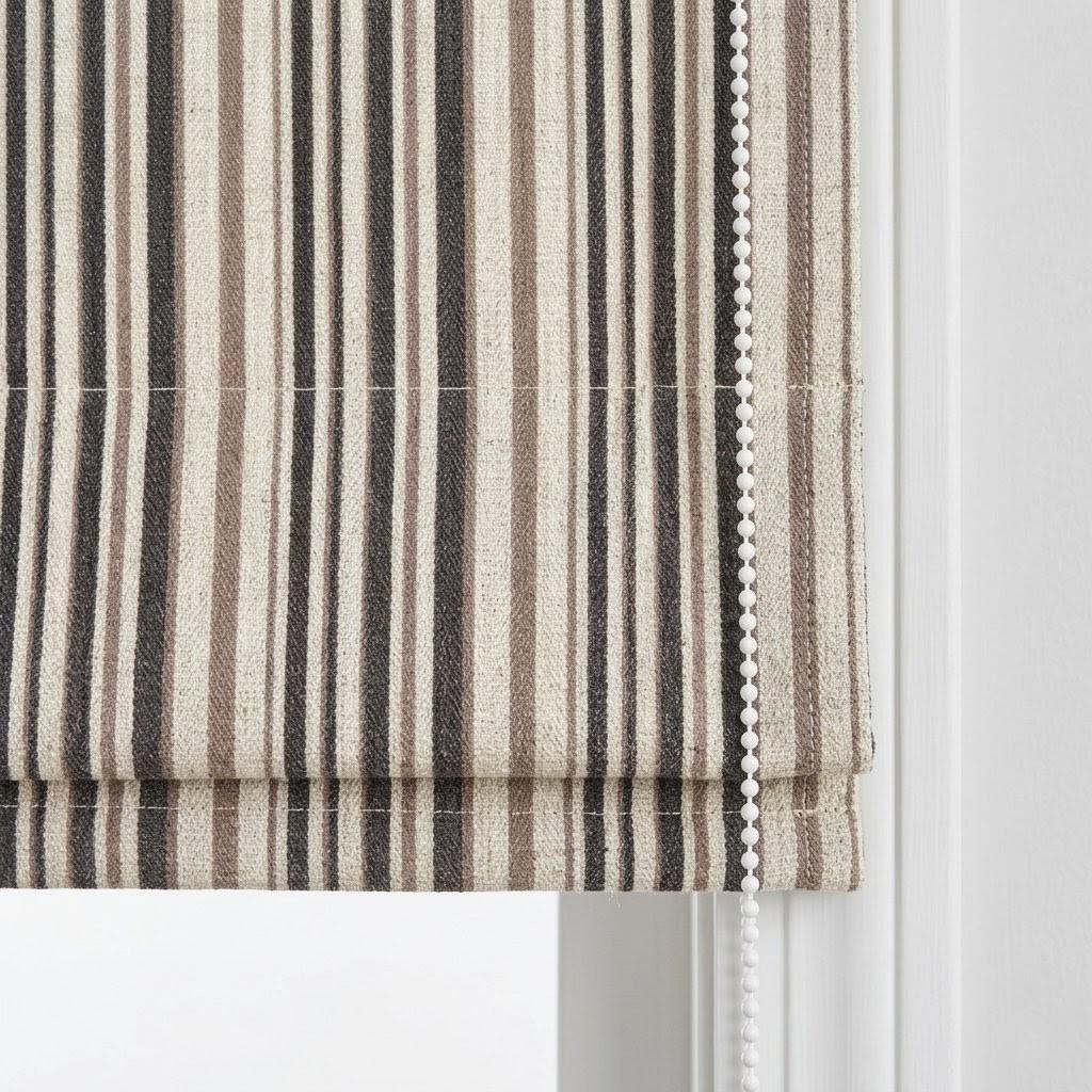 Custom Striped Linen Roman Shades, Espresso Brown Tan Farmhouse Window Treatments (Blackout/Light Filtering) — image 1