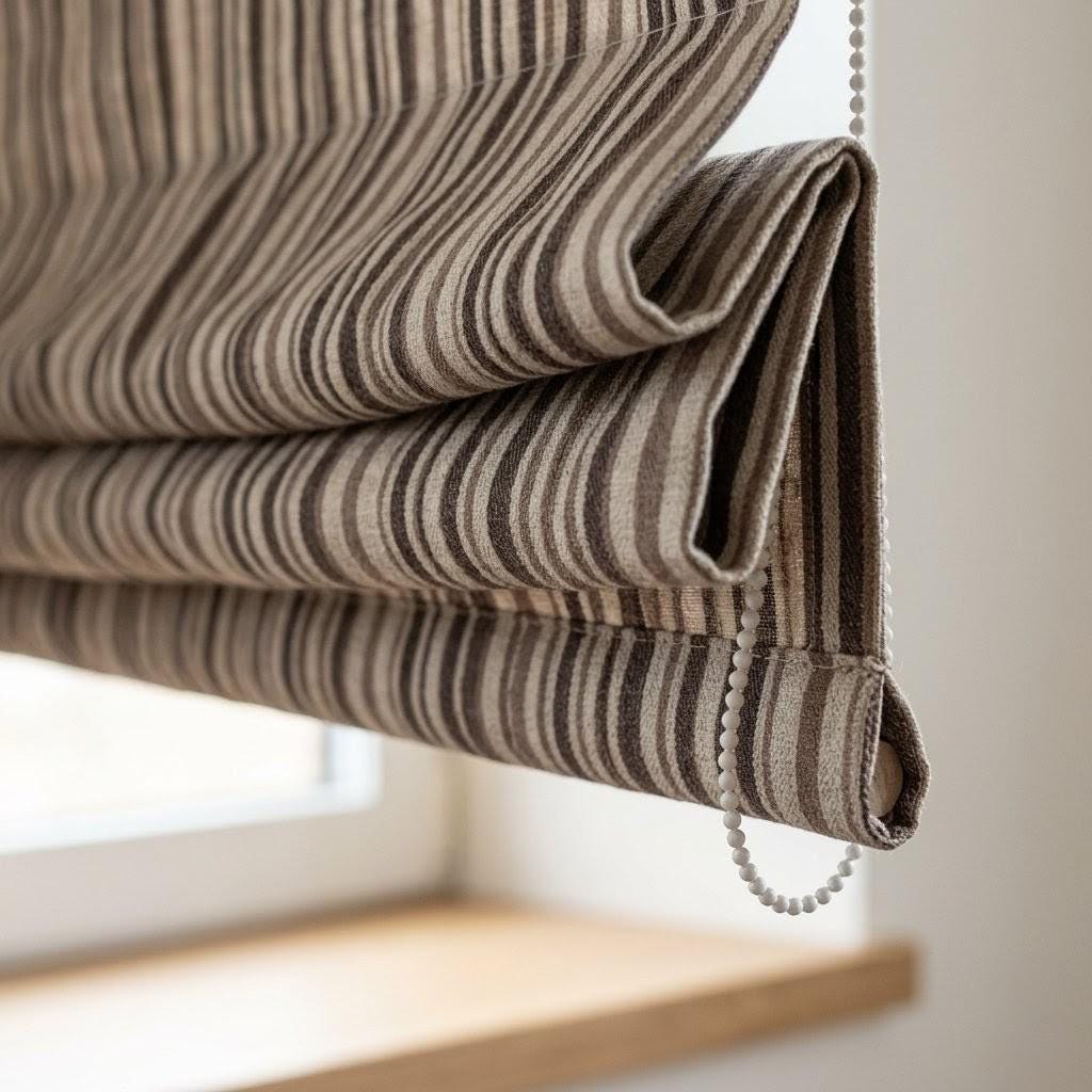 Custom Striped Linen Roman Shades, Espresso Brown Tan Farmhouse Window Treatments (Blackout/Light Filtering) — image 4
