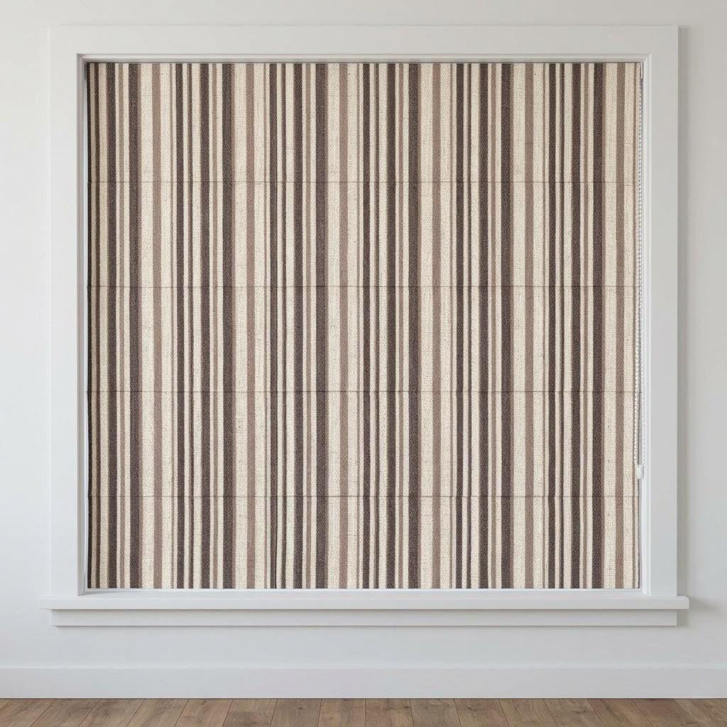 Custom Striped Linen Roman Shades, Espresso Brown Tan Farmhouse Window Treatments (Blackout/Light Filtering) — image 3