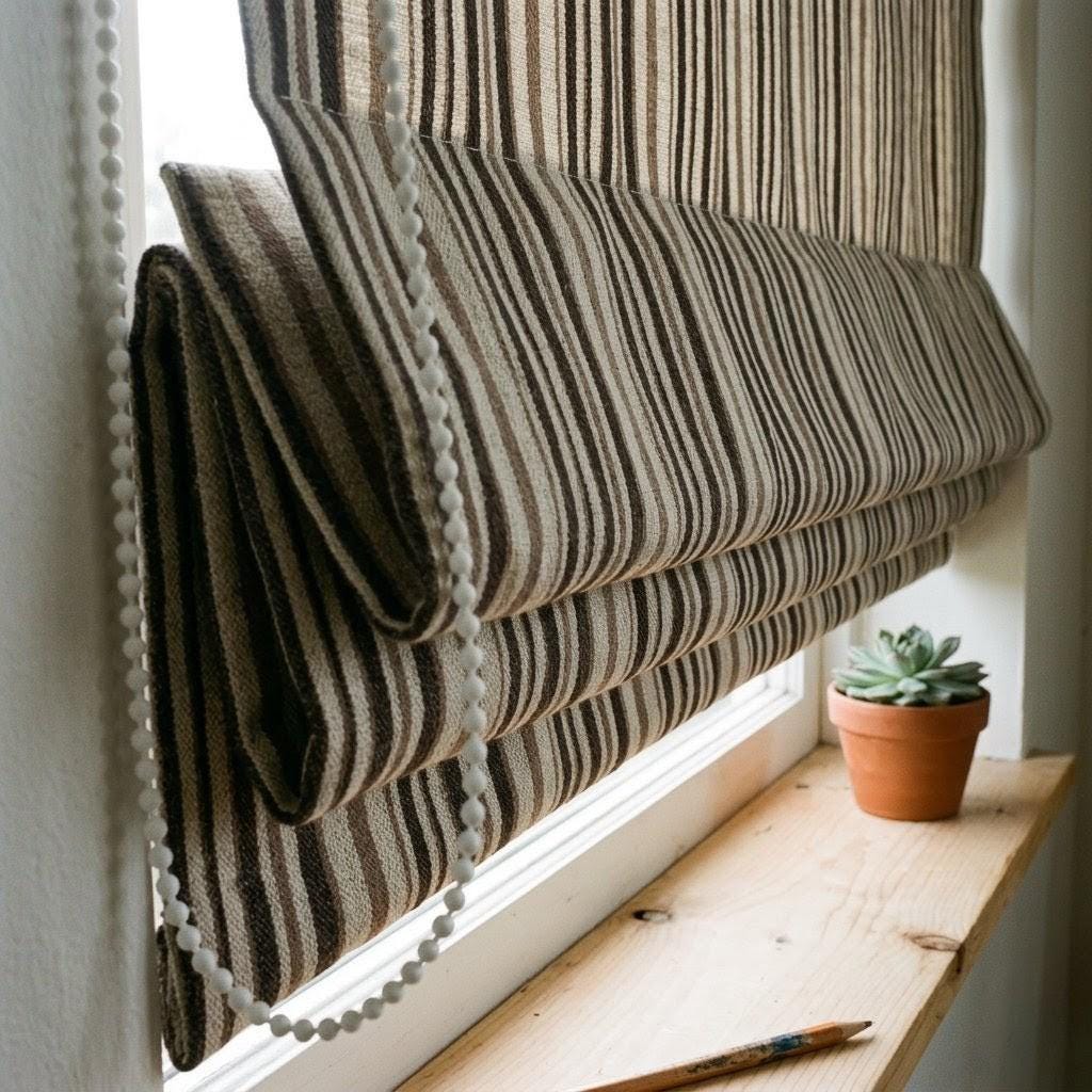 Custom Striped Linen Roman Shades, Espresso Brown Tan Farmhouse Window Treatments (Blackout/Light Filtering) — image 6