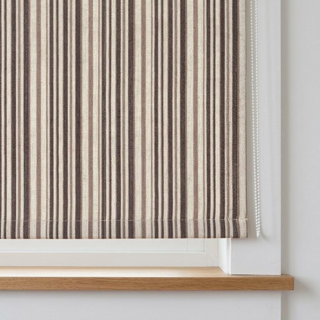 Custom Striped Linen Roman Shades, Espresso Brown Tan Farmhouse Window Treatments (Blackout/Light Filtering) — image 5