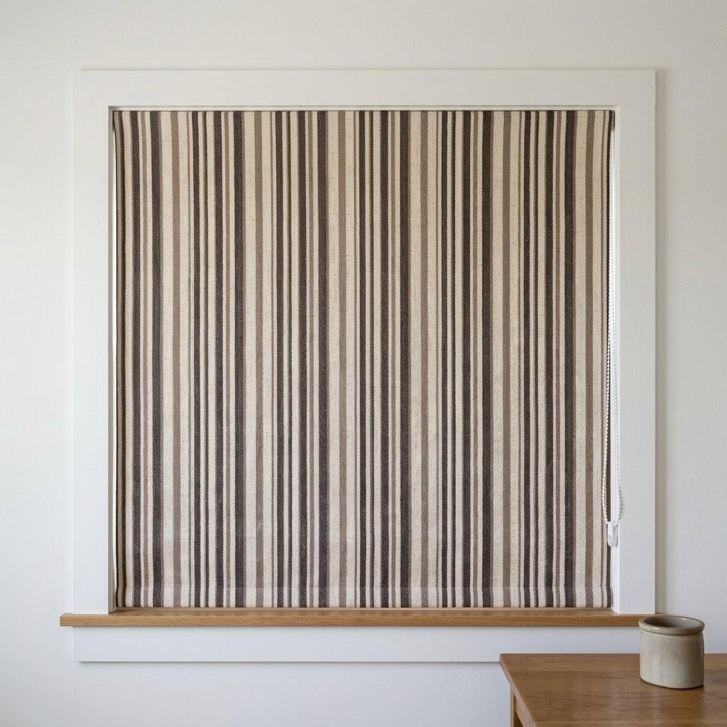 Custom Striped Linen Roman Shades, Espresso Brown Tan Farmhouse Window Treatments (Blackout/Light Filtering) — image 7