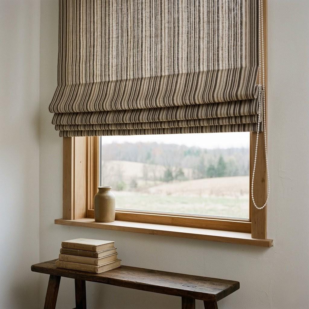 Custom Striped Linen Roman Shades, Espresso Brown Tan Farmhouse Window Treatments (Blackout/Light Filtering) — image 9